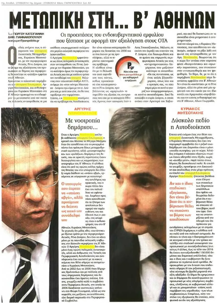Δισέλιδο της εφημερίδας «Παραπολιτικά» (σελ. 62) με τίτλο «ΜΕΤΩΠΙΚΗ ΣΤΗ... Β΄ ΑΘΗΝΩΝ»: δύο μεγάλα πορτρέτα δίπλα-δίπλα με τις λεζάντες «ΑΡΓΥΡΗΣ ΝΤΙΝΟΠΟΥΛΟΣ» και «ΚΥΡΙΑΚΟΣ ΜΗΤΣΟΤΑΚΗΣ», κάτω από τους υπότιτλους «Με νοοτροπία δημάρχου...» και «Δύσκολο πεδίο η Αυτοδιοίκηση». Στο κείμενο πολλές λέξεις είναι σημειωμένες με κίτρινο μαρκαδόρο.